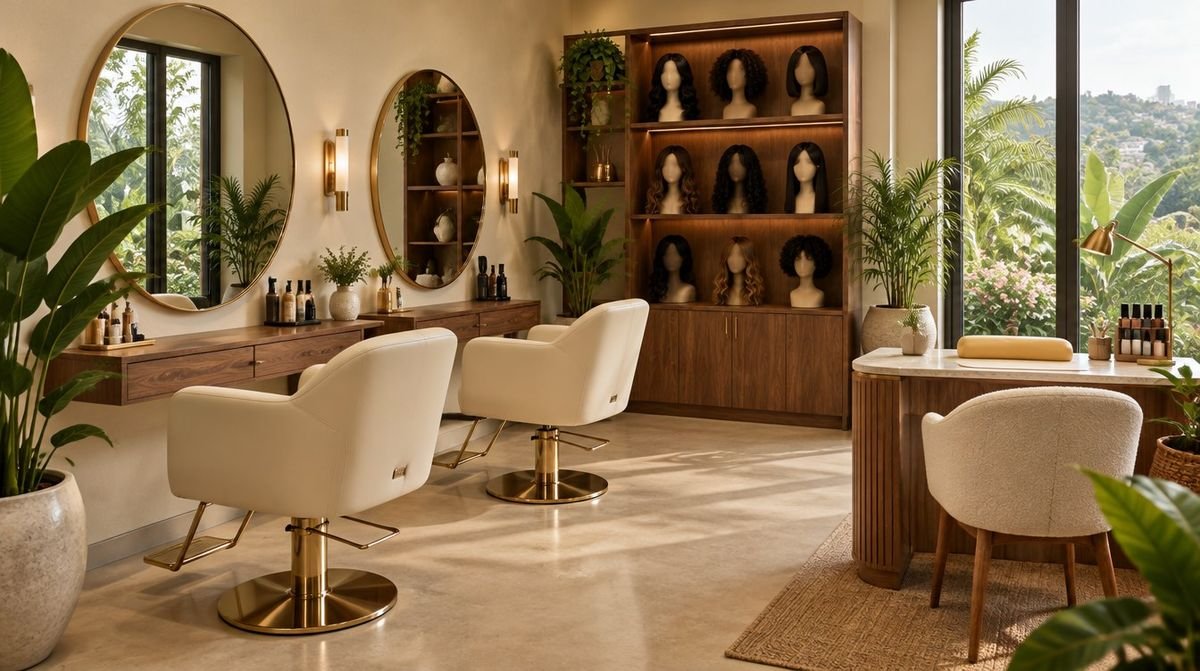 EAD Studio concept: cream chairs, round mirrors, a wig wall and a nail station