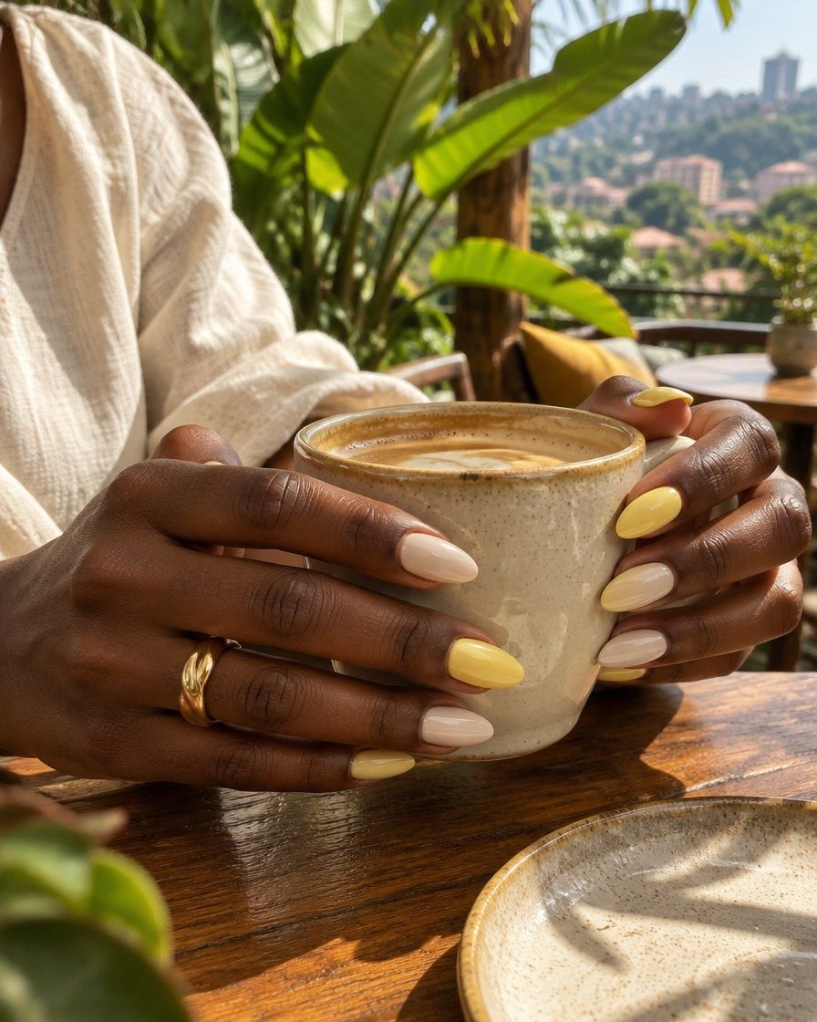 Hands with EAD butter French press-on nails holding a coffee cup